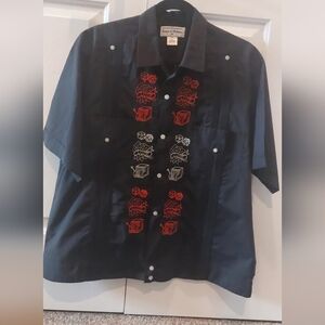 Vintage Style Black Cabana Shirt with Red and White Embroidery